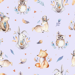 Acrylglasbilder Tierbaby-Muster Baby animals nursery isolated seamless pattern with bannies. Watercolor boho cute baby fox, deer animal woodland rabbit and bear isolated illustration for children. Bunny forest image  © kris_art