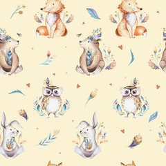Acrylglasbilder Tierbaby-Muster Baby animals nursery isolated seamless pattern with bannies. Watercolor boho cute baby fox, deer animal woodland rabbit and bear isolated illustration for children. Bunny forest image  © kris_art