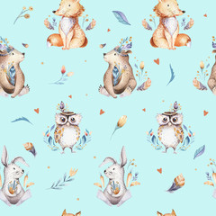 Acrylglasbilder Tierbaby-Muster Baby animals nursery isolated seamless pattern with bannies. Watercolor boho cute baby fox, deer animal woodland rabbit and bear isolated illustration for children. Bunny forest image  © kris_art