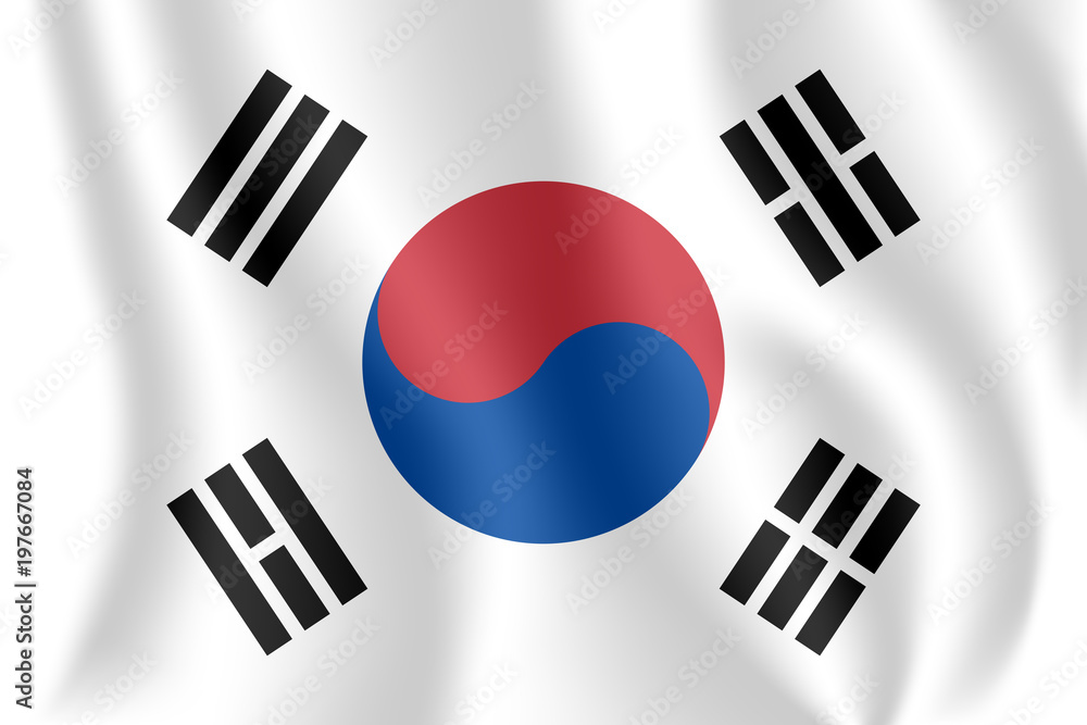 Flag of South Korea. Realistic waving flag of Republic of Korea (ROK). Fabric textured flowing flag of South Korea.