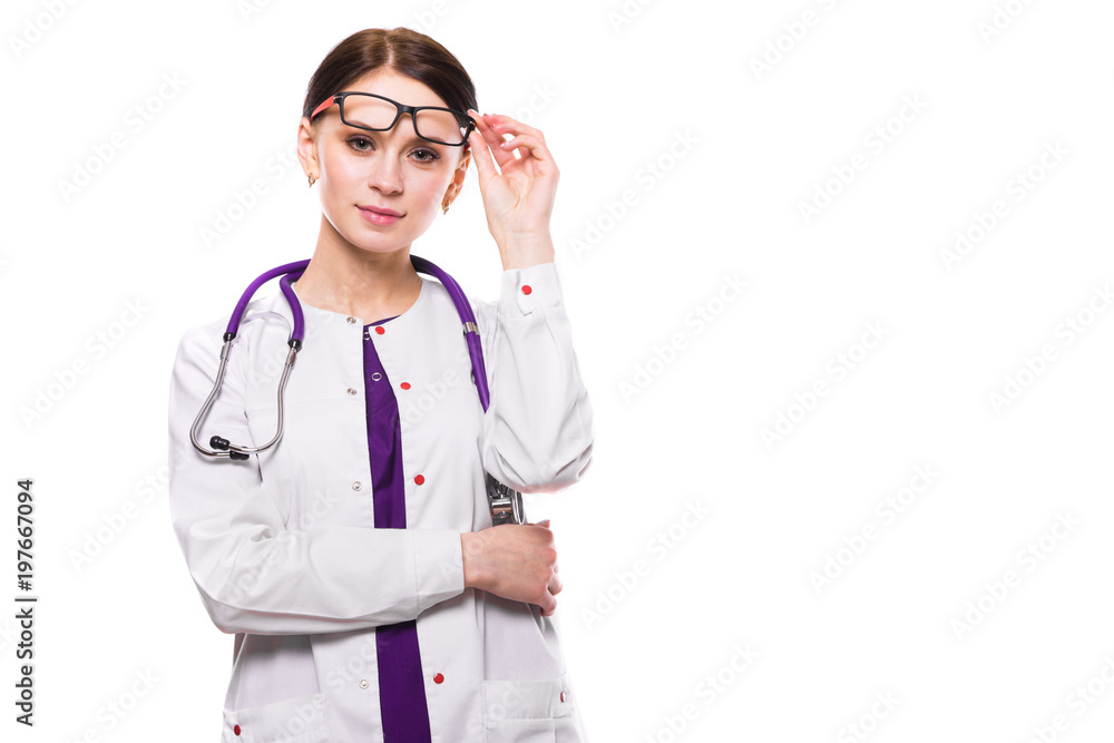Young beautiful female doctor with raised glasses on white background