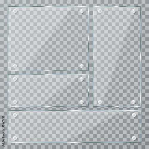 Glass plates on transparent background. Empty realistic acrylic plates with metal clamps