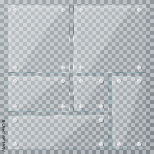 Glass plates on transparent background. Empty realistic acrylic plates with metal clamps
