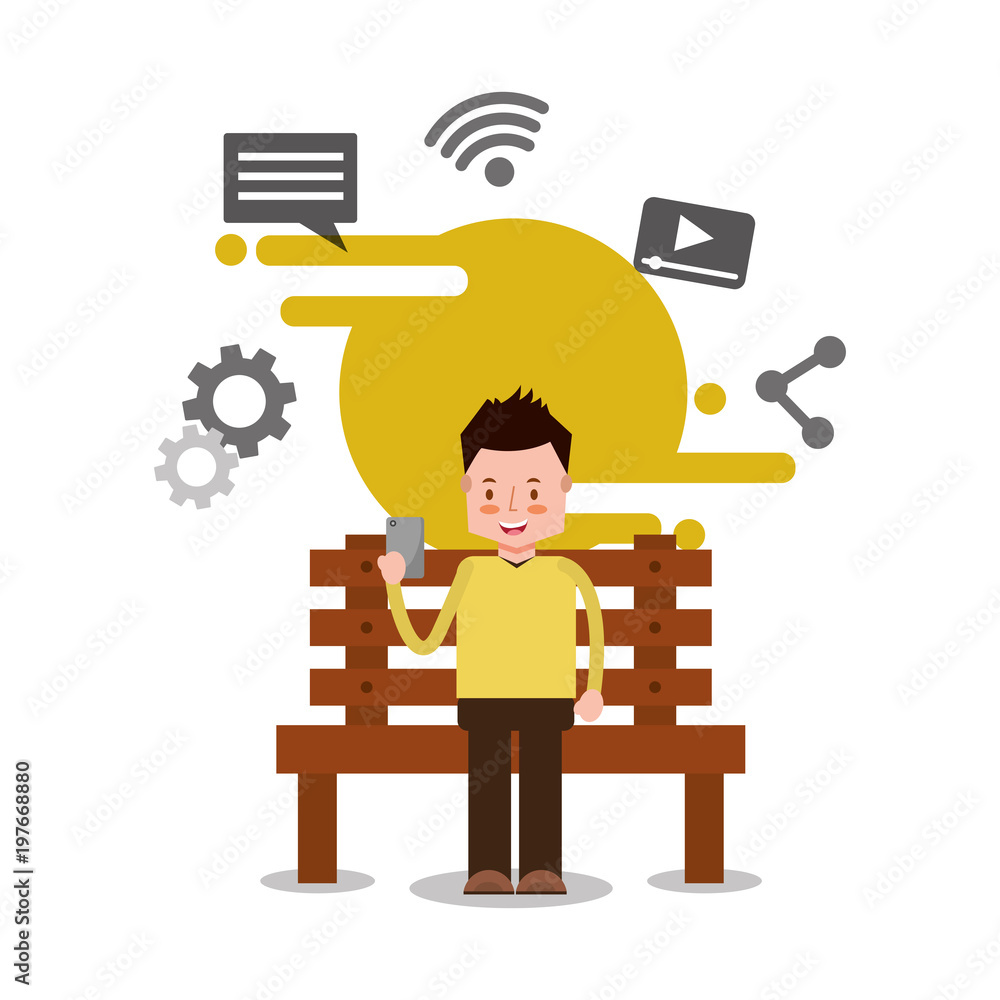 man cartoon sitting on bench holding smartphone media icons background vector illustration man cartoon sitting on bench holding smartphone media icons background vector illustration