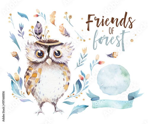 Obraz na płótnie Śliczny cyganerii dziecka sowy zwierzę dla dziecina, las szkółki odizolowywająca dekoracyjna lasowa sowa ilustracja dla dzieci lasowych zwierząt wzorów. Zestaw ciągnione akwarela boho