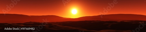sunset over the hills, the sun over the silhouettes of the mountains 3D rendering 