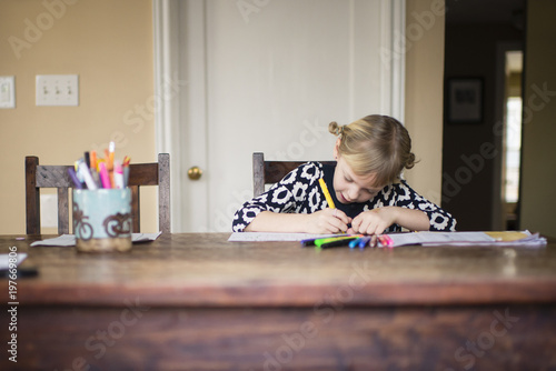 Girl doing homework while sitting at home photo