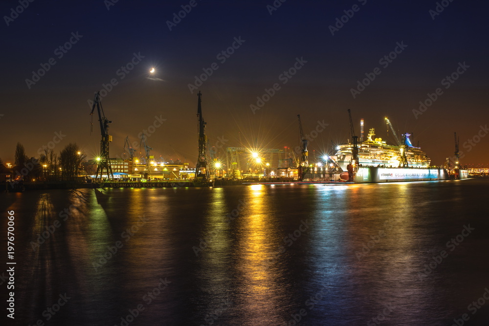  Ship in the dock in the Hamburg harbor at night