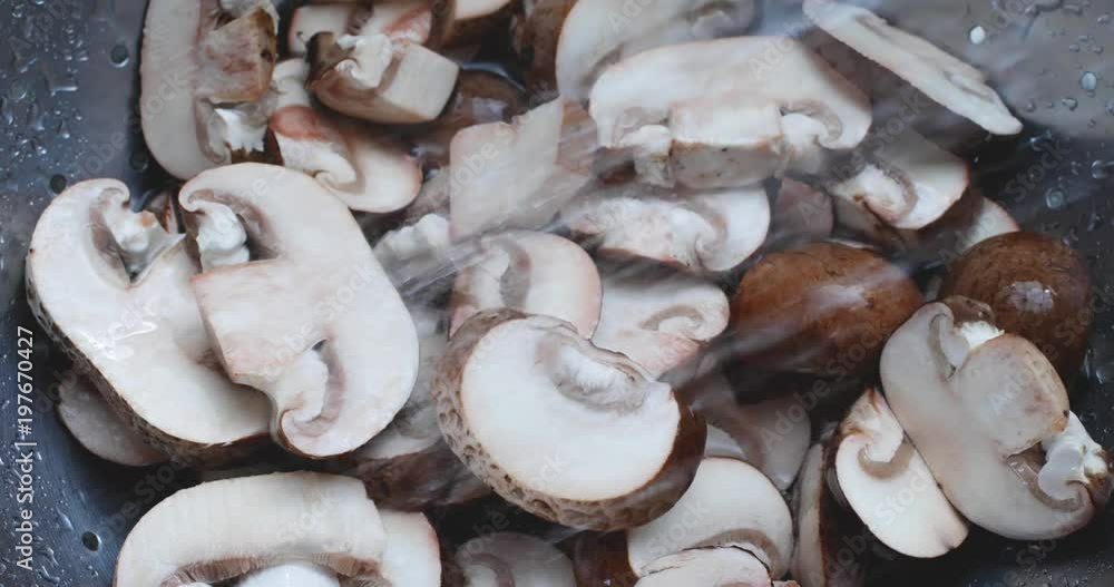 Video of rinsing sliced baby bella mushrooms in a stainless steel colander with water. Video of rinsing sliced baby bella mushrooms in a stainless steel colander with water.