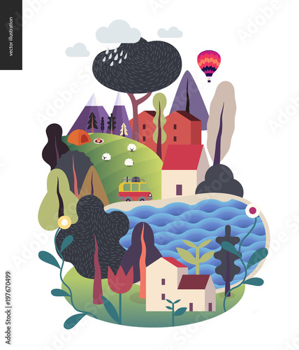 Magical summer landcape - green island with hills, roads, cars, houses and trees, with mountains and clouds above and flowers on foreground.