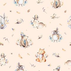 Acrylglasbilder Tierbaby-Muster Baby animals nursery isolated seamless pattern with bannies. Watercolor boho cute baby fox, deer animal woodland rabbit and bear isolated illustration for children. Bunny forest image  © kris_art