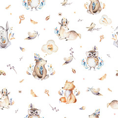 Acrylglasbilder Tierbaby-Muster Baby animals nursery isolated seamless pattern with bannies. Watercolor boho cute baby fox, deer animal woodland rabbit and bear isolated illustration for children. Bunny forest image  © kris_art