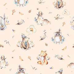 Acrylglasbilder Tierbaby-Muster Baby animals nursery isolated seamless pattern with bannies. Watercolor boho cute baby fox, deer animal woodland rabbit and bear isolated illustration for children. Bunny forest image  © kris_art