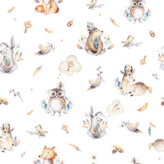 Acrylglasbilder Tierbaby-Muster Baby animals nursery isolated seamless pattern with bannies. Watercolor boho cute baby fox, deer animal woodland rabbit and bear isolated illustration for children. Bunny forest image  © kris_art