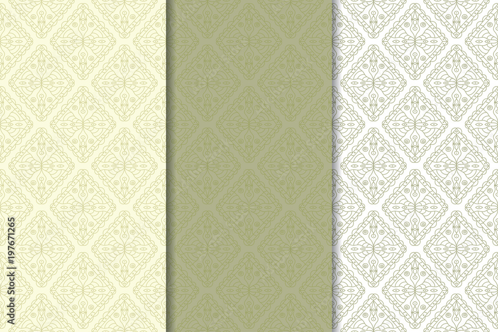 Olive green and white set of geometric seamless patterns Olive green and white set of geometric seamless patterns