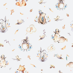 Acrylglasbilder Tierbaby-Muster Baby animals nursery isolated seamless pattern with bannies. Watercolor boho cute baby fox, deer animal woodland rabbit and bear isolated illustration for children. Bunny forest image  © kris_art