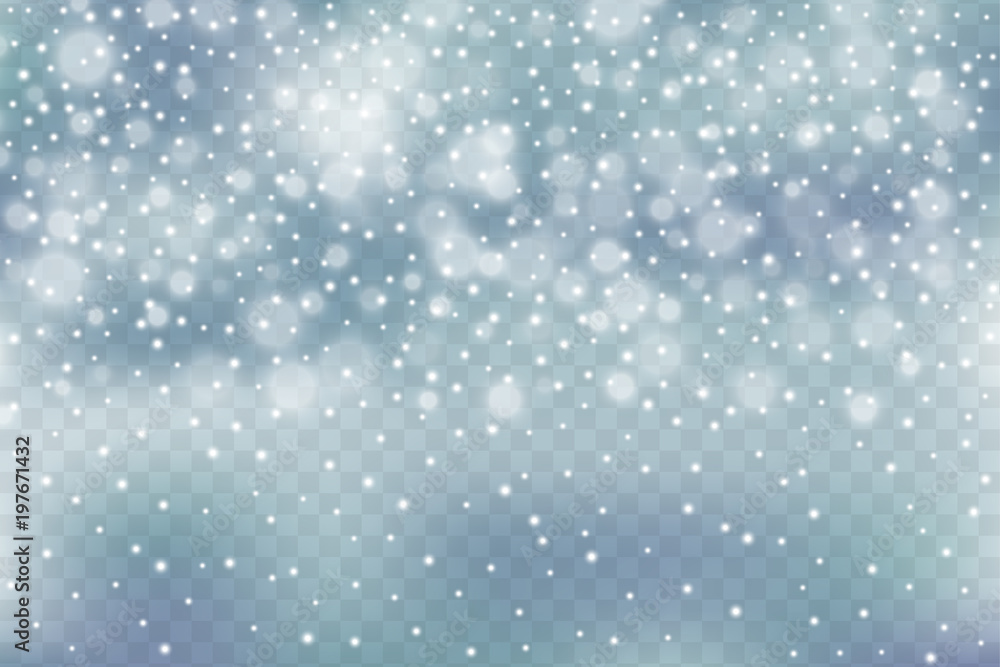 Winter illustration with falling snow, bokeh on grey defocused transporant background. New year, Christmas vector background.