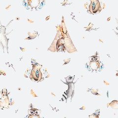 Acrylglasbilder Tierbaby-Muster Baby animals nursery isolated seamless pattern with bannies. Watercolor boho cute baby fox, deer animal woodland rabbit and bear isolated illustration for children. Bunny forest image  © kris_art