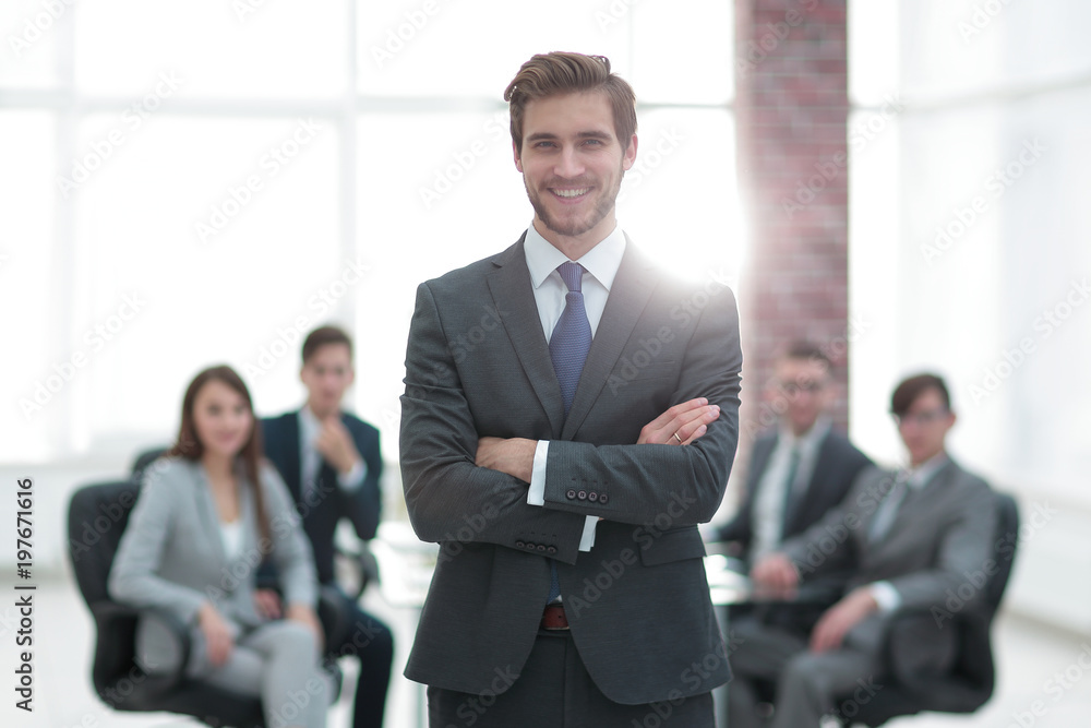 Successful businessman at the office leading a group Successful businessman at the office leading a group
