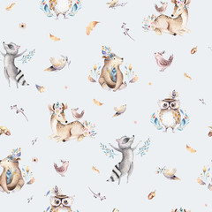 Acrylglasbilder Tierbaby-Muster Baby animals nursery isolated seamless pattern with bannies. Watercolor boho cute baby fox, deer animal woodland rabbit and bear isolated illustration for children. Bunny forest image  © kris_art