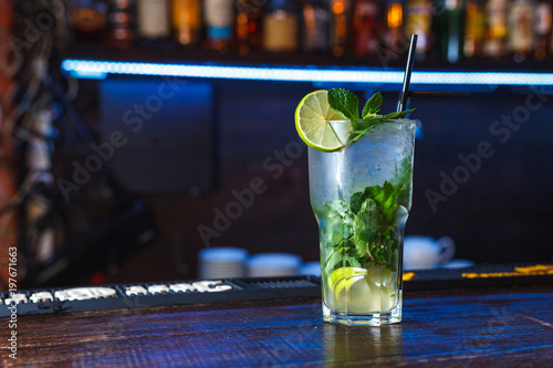 Fresh alcohol coctail on bar counter 