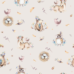 Acrylglasbilder Tierbaby-Muster Baby animals nursery isolated seamless pattern with bannies. Watercolor boho cute baby fox, deer animal woodland rabbit and bear isolated illustration for children. Bunny forest image  © kris_art