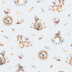 Acrylglasbilder Tierbaby-Muster Baby animals nursery isolated seamless pattern with bannies. Watercolor boho cute baby fox, deer animal woodland rabbit and bear isolated illustration for children. Bunny forest image  © kris_art