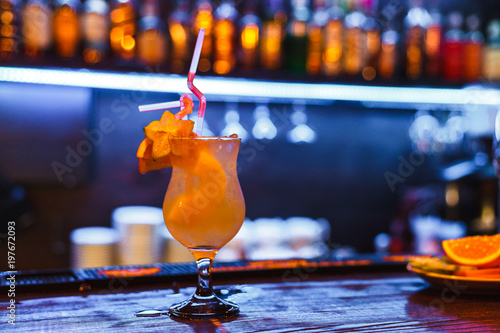 Fresh alcohol coctail on bar counter 