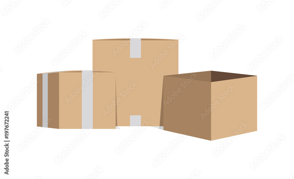 Sealed and open cardboard boxes
