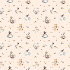 Acrylglasbilder Tierbaby-Muster Baby animals nursery isolated seamless pattern with bannies. Watercolor boho cute baby fox, deer animal woodland rabbit and bear isolated illustration for children. Bunny forest image  © kris_art