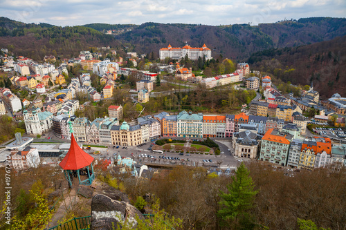 KARLOVY VARY, CZECH REPUBLIC - APRIL 29, 2017: Beautiful panoramic aerila view of spa town, former name Carlsbad photo