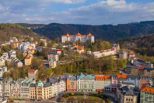 KARLOVY VARY, CZECH REPUBLIC - APRIL 29, 2017: Beautiful panoramic aerila view of spa town, former name Carlsbad