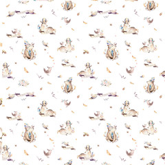 Acrylglasbilder Tierbaby-Muster Baby animals nursery isolated seamless pattern with bannies. Watercolor boho cute baby fox, deer animal woodland rabbit and bear isolated illustration for children. Bunny forest image  © kris_art