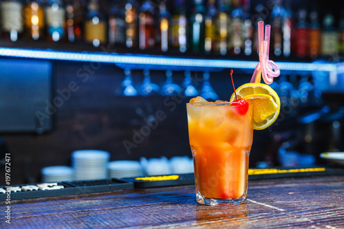 Fresh alcohol coctail on bar counter 