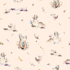 Acrylglasbilder Tierbaby-Muster Baby animals nursery isolated seamless pattern with bannies. Watercolor boho cute baby fox, deer animal woodland rabbit and bear isolated illustration for children. Bunny forest image  © kris_art