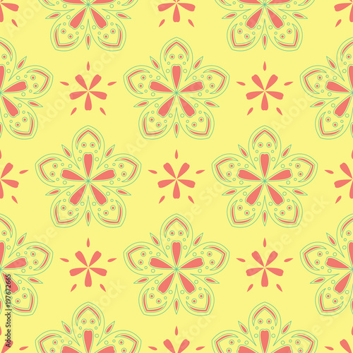 Yellow floral seamless pattern. Colored background with pink and green flower design