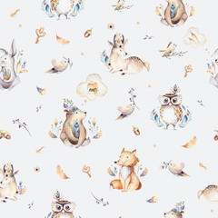 Acrylglasbilder Tierbaby-Muster Baby animals nursery isolated seamless pattern with bannies. Watercolor boho cute baby fox, deer animal woodland rabbit and bear isolated illustration for children. Bunny forest image  © kris_art