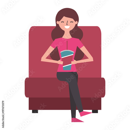 young woman in cinema chair with soda ector illustration