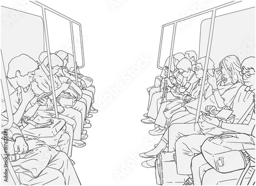 Illustration of people using public transport, train, subway, metro
