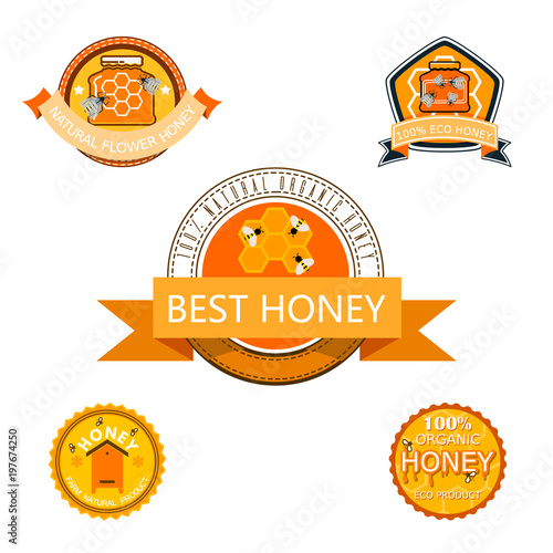 Set bee logo labels for honey products organic farm natural sweet product quality healthy food vector illustration.