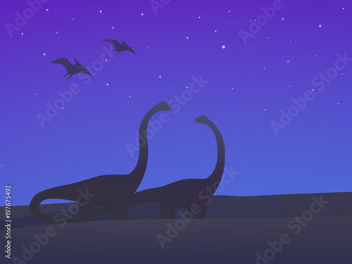 dinosaurs, sauropods and pterodactyls at night vector illustration