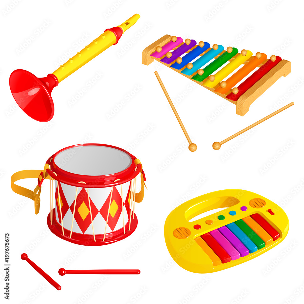 Детские музыкальные инструменты на белом фоне