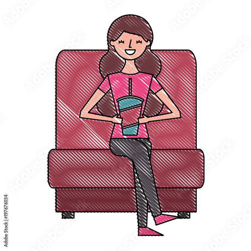 young woman in cinema chair with soda ector illustration