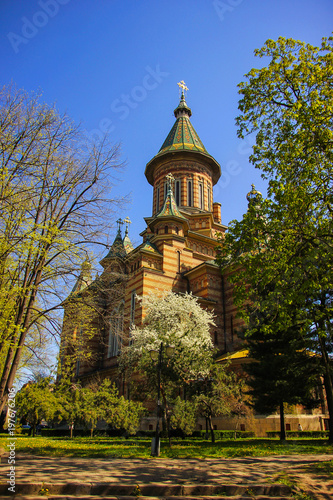 Back view of the Orthodox Metropolitan Cathedral from the nearby park in Timisoara, Timis County, Romania