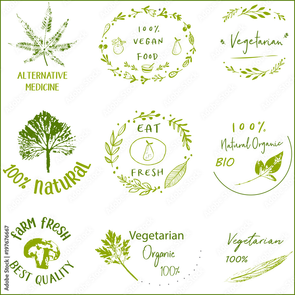 Hand drawn labels and elements collection for organic food and drink.Elements collection for food market labels, ecommerce, organic products promotion, premium quality food and healthy life.