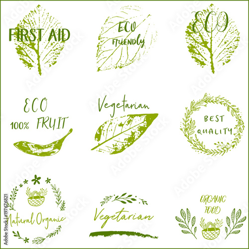 Hand drawn labels and elements collection for organic food and drink.Elements collection for food market labels, ecommerce, organic products promotion, premium quality food and healthy life.