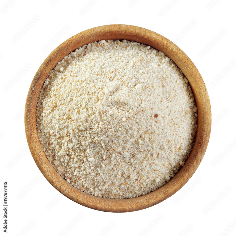 Breadcrumbs in wooden bowl isolated on white background, top view Breadcrumbs in wooden bowl isolated on white background, top view