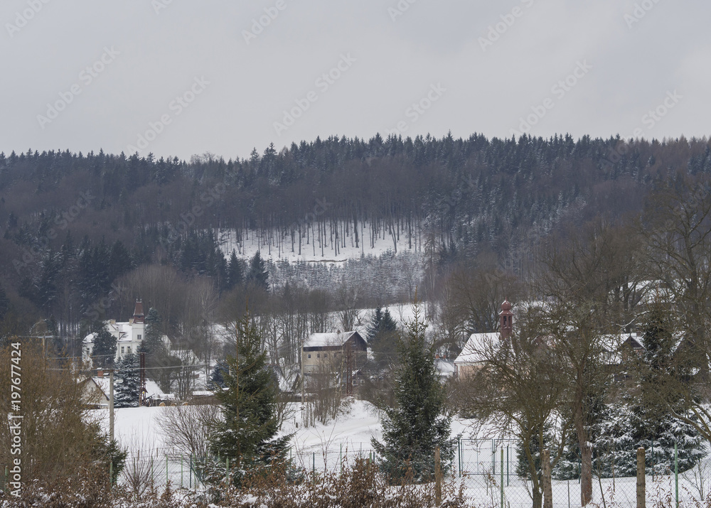 winter view on village travnik with chapel, cottage and trees, snow covered rural landscape with spruce tree forest in luzicke hory mountain