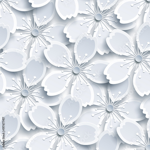 White and grey seamless pattern with sakura blossom