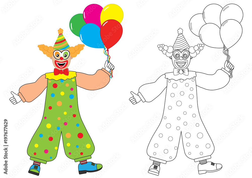 Clown with balloons. Coloring book. Activity for children. Stock Vector